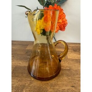 Vintage Amber Hand Blown Art Glass Pitcher Pedestal Base MCM Barware Decor Bar